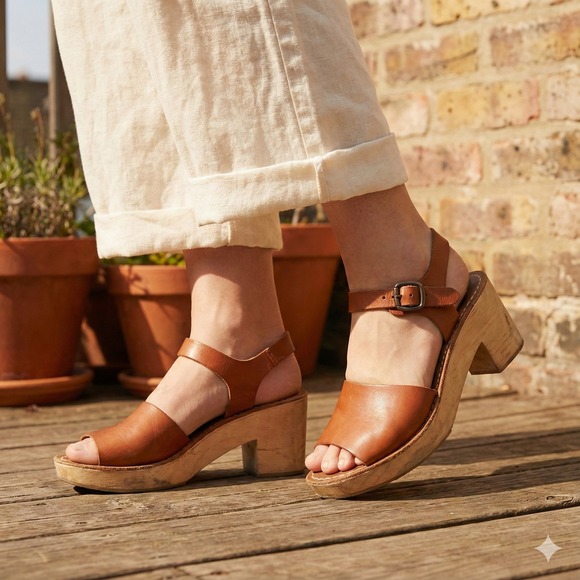 Urban Outfitters Shoes - Urban Outfitters Wooden Clogs Sandals Women 10 Tan Leather Strappy Preppy Scandi